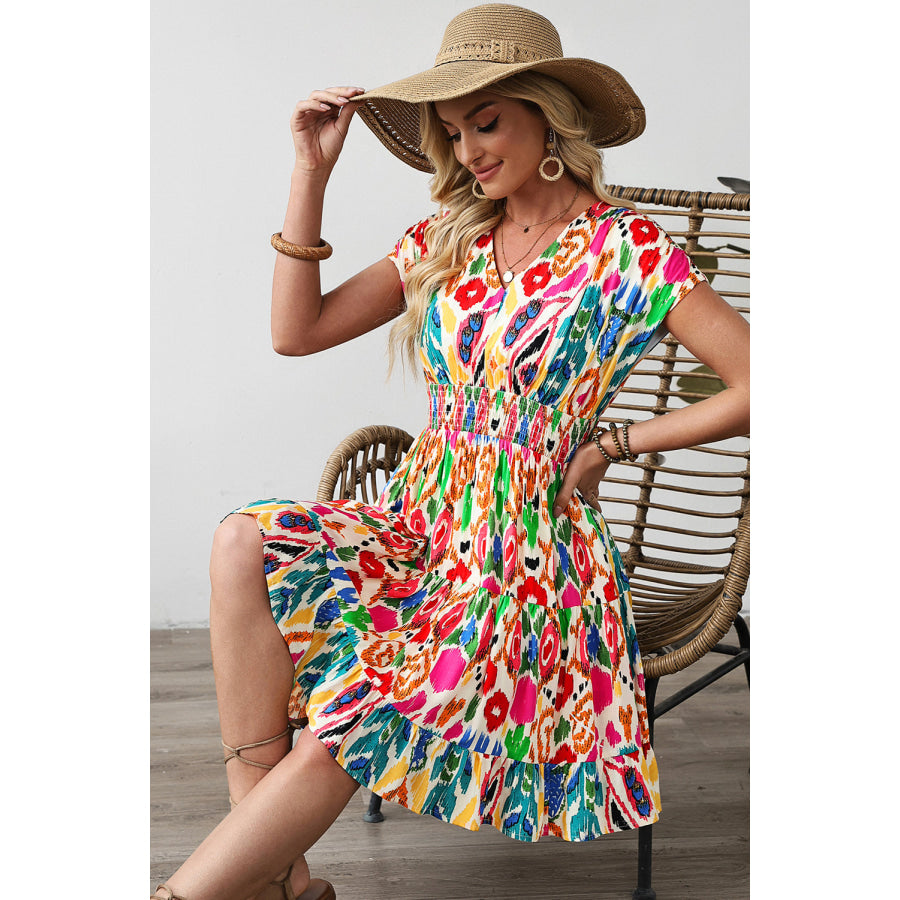 Sky Blue Abstract Print V Neck Dolman Sleeve Ruffle Tiered Mini Dress Dresses/Mini Dresses