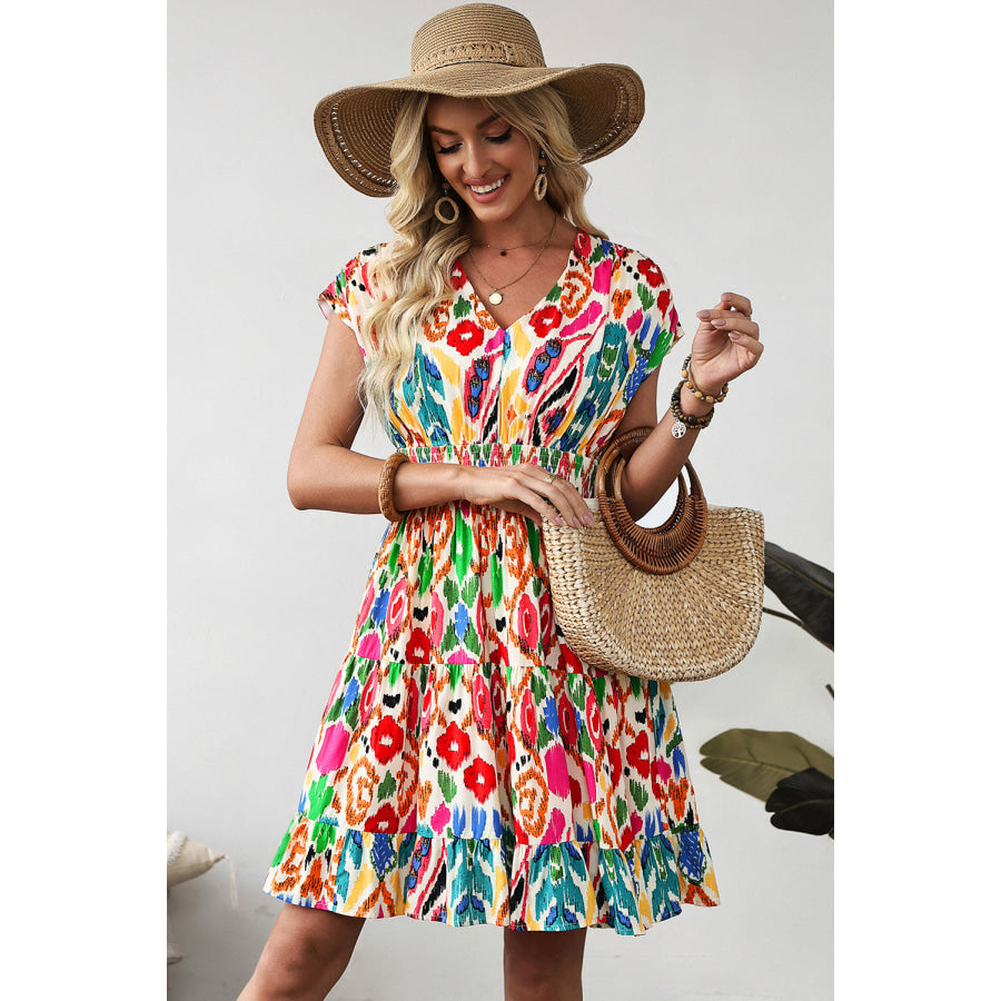 Sky Blue Abstract Print V Neck Dolman Sleeve Ruffle Tiered Mini Dress Dresses/Mini Dresses