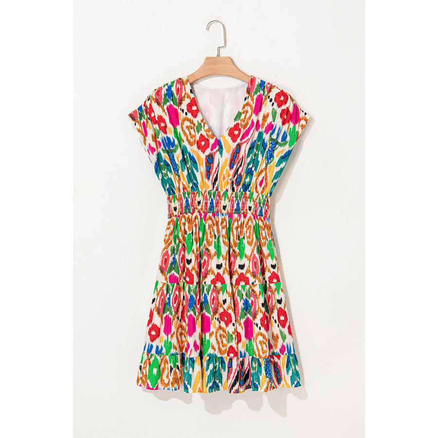 Sky Blue Abstract Print V Neck Dolman Sleeve Ruffle Tiered Mini Dress Dresses/Mini Dresses
