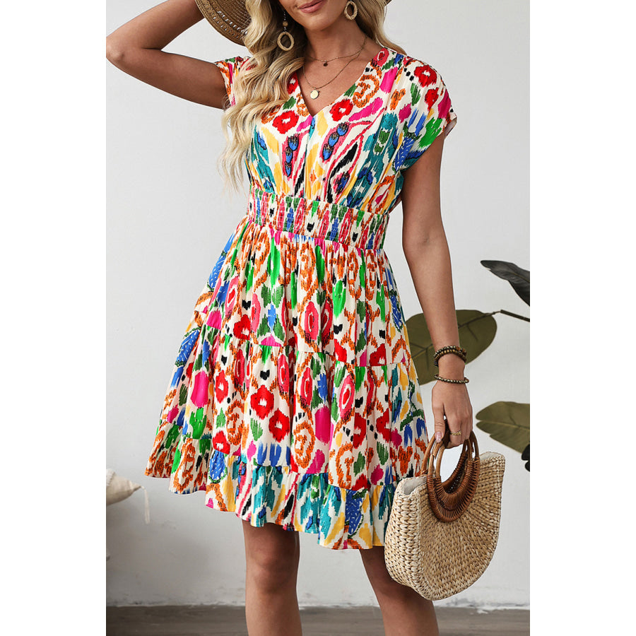 Sky Blue Abstract Print V Neck Dolman Sleeve Ruffle Tiered Mini Dress Sky Blue / S / 100% Viscose Dresses/Mini Dresses