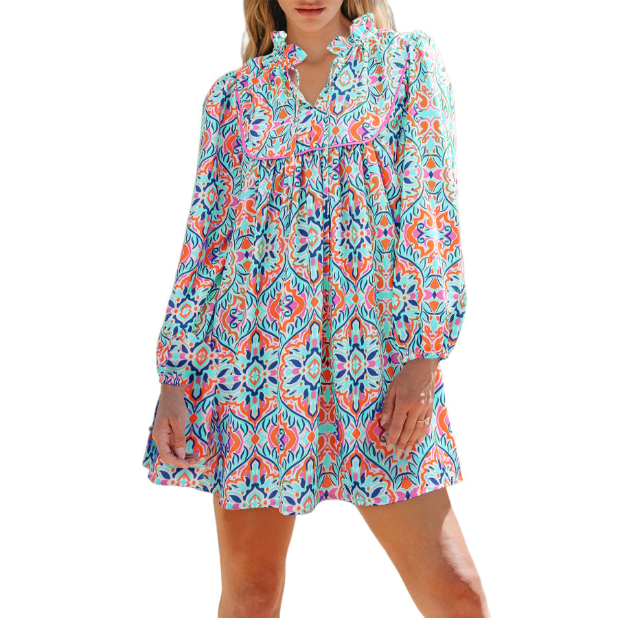 Sky Blue Abstract Printed Long Sleeve Tied Neckline Mini Dress Dresses/Mini Dresses