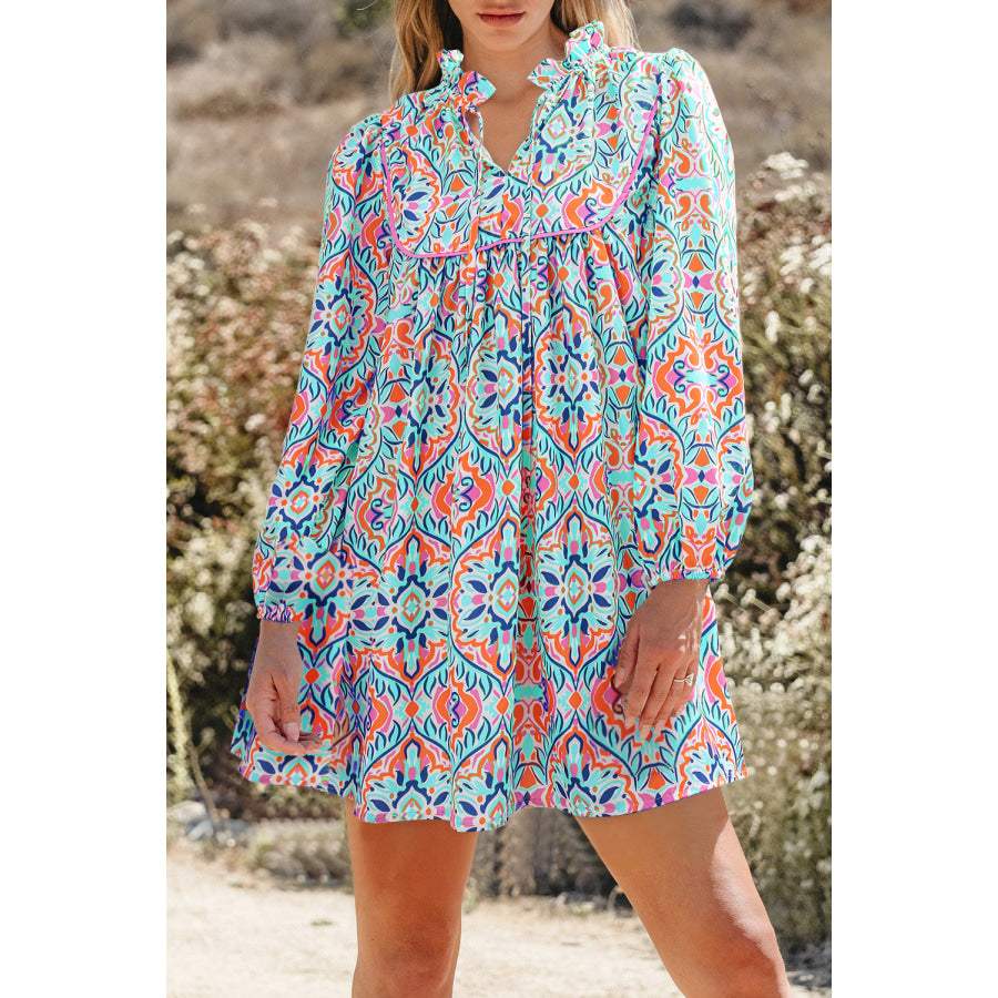 Sky Blue Abstract Printed Long Sleeve Tied Neckline Mini Dress Sky Blue / S / 100% Polyester Dresses/Mini Dresses