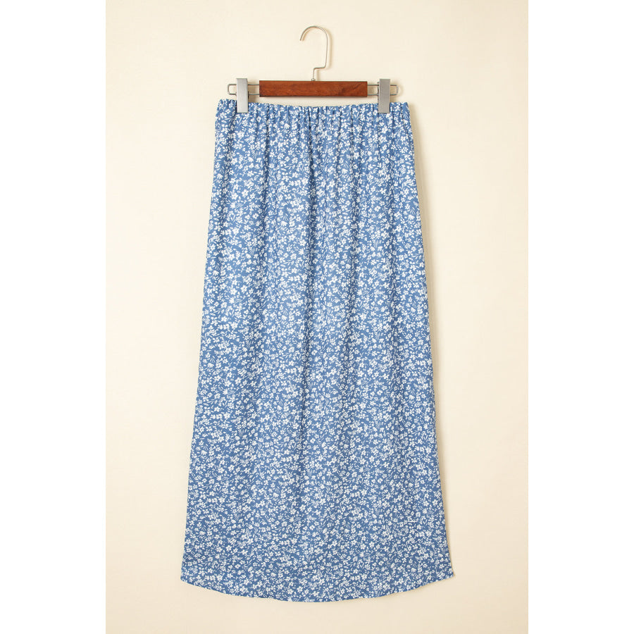 Sky Blue Boho Floral High Waist Long Skirt with Side Split Bottoms/Skirts & Petticoat