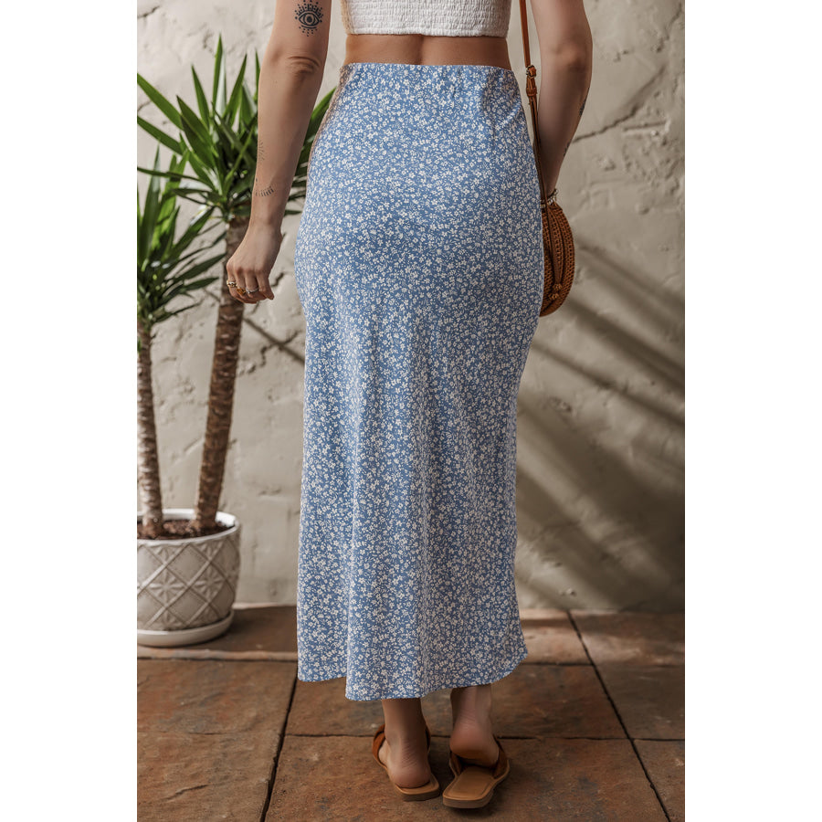 Sky Blue Boho Floral High Waist Long Skirt with Side Split Bottoms/Skirts & Petticoat