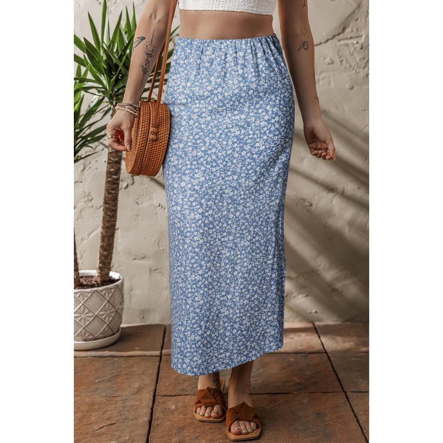 Sky Blue Boho Floral High Waist Long Skirt with Side Split Sky Blue / S / 100% Polyester Bottoms/Skirts & Petticoat