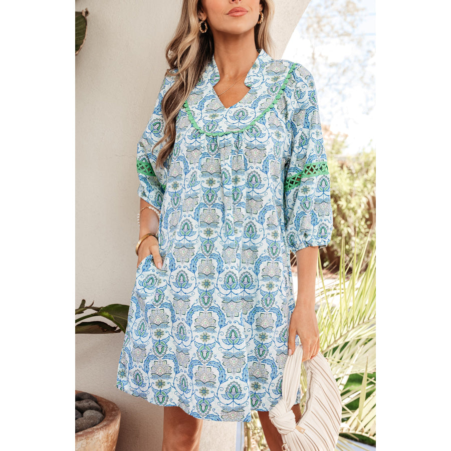 Sky Blue Boho Paisley Print Contrasted Patchwork Detail Bracelet Sleeve Loose Mini Dress Dresses/Mini Dresses