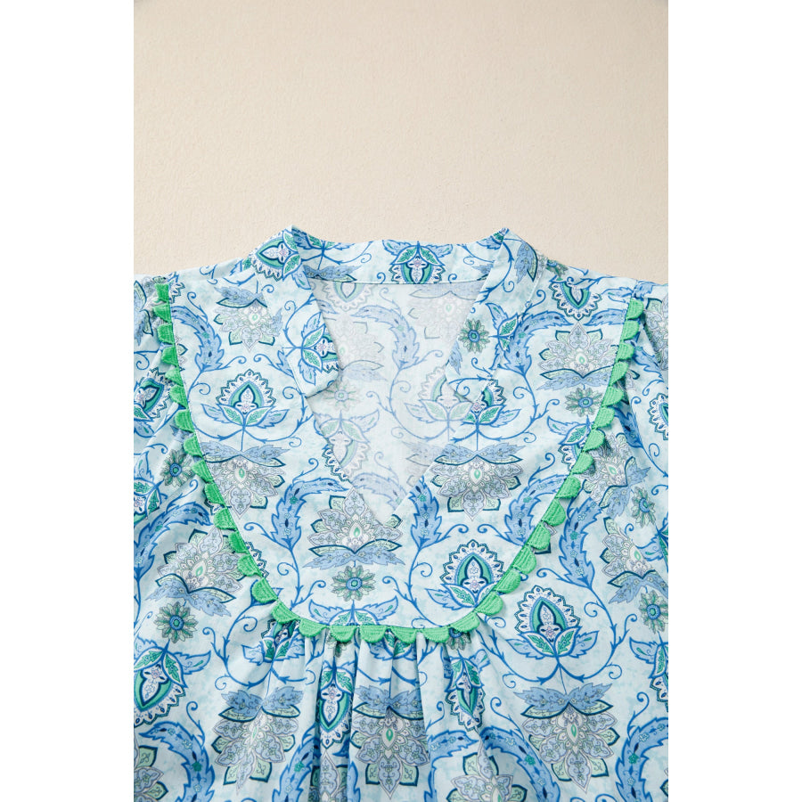 Sky Blue Boho Paisley Print Contrasted Patchwork Detail Bracelet Sleeve Loose Mini Dress Dresses/Mini Dresses