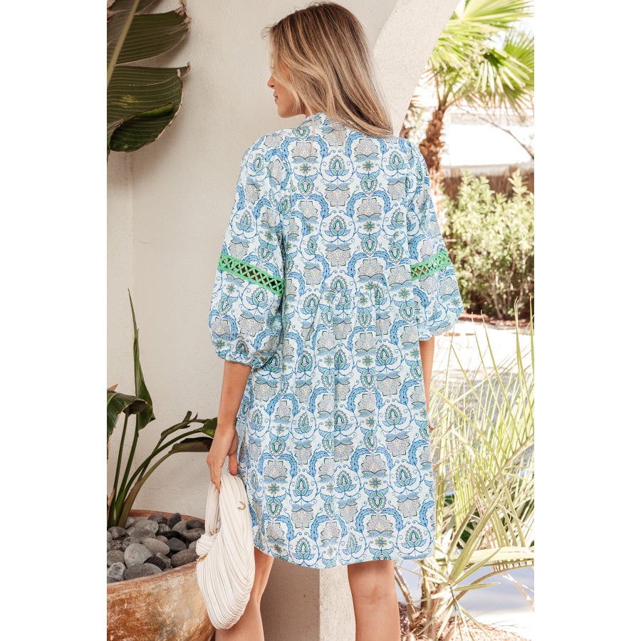 Sky Blue Boho Paisley Print Contrasted Patchwork Detail Bracelet Sleeve Loose Mini Dress Dresses/Mini Dresses
