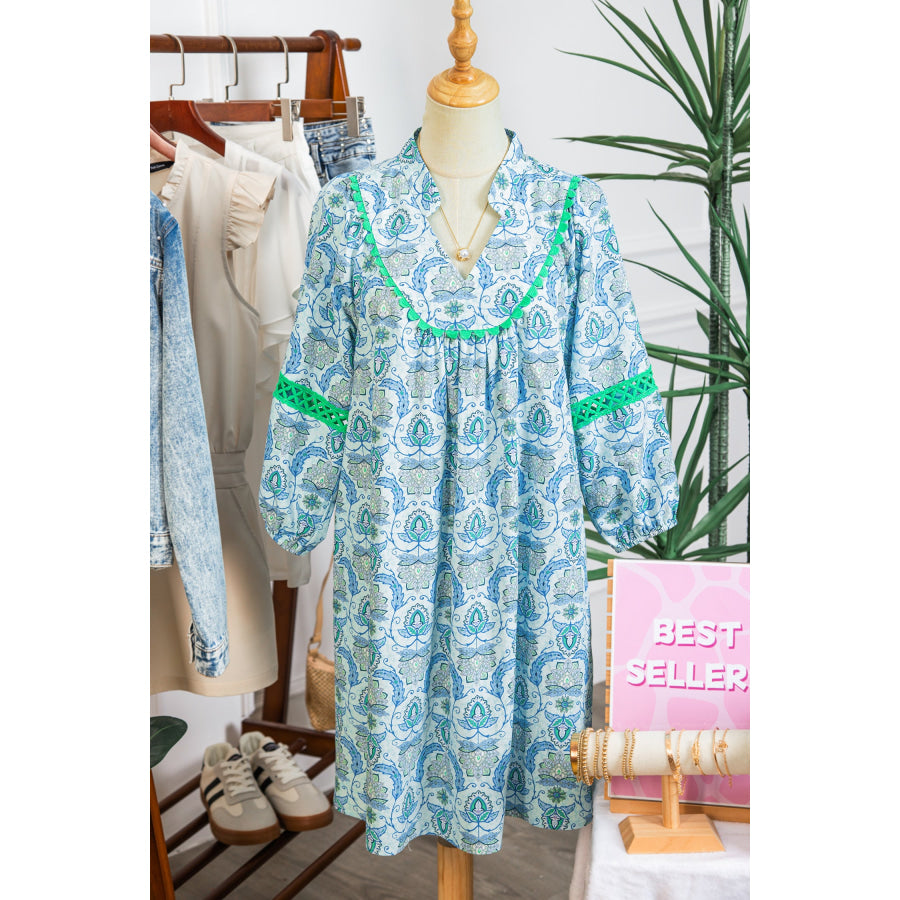 Sky Blue Boho Paisley Print Contrasted Patchwork Detail Bracelet Sleeve Loose Mini Dress / S / 55% Cotton + 45% Viscose Dresses/Mini Dresses