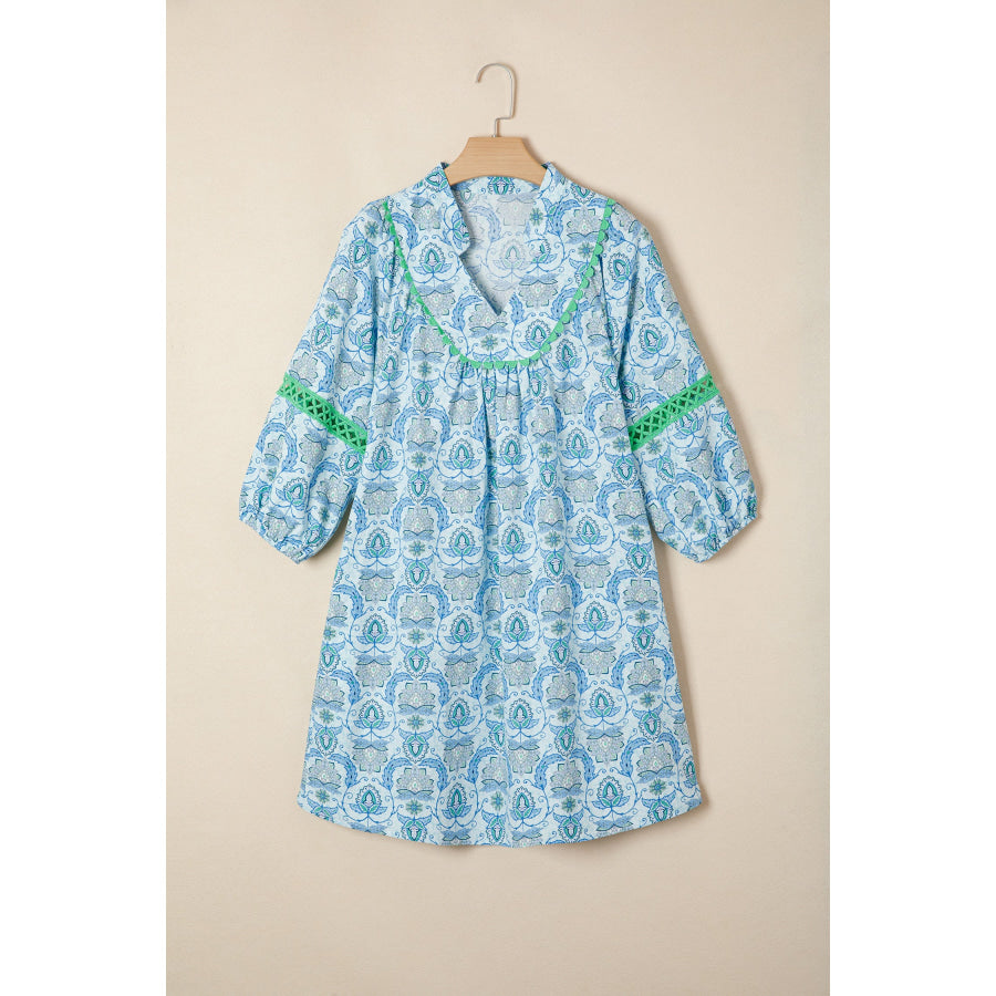 Sky Blue Boho Paisley Print Contrasted Patchwork Detail Bracelet Sleeve Loose Mini Dress Dresses/Mini Dresses