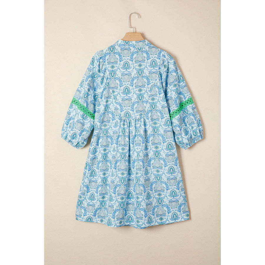Sky Blue Boho Paisley Print Contrasted Patchwork Detail Bracelet Sleeve Loose Mini Dress Dresses/Mini Dresses