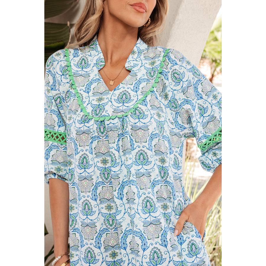 Sky Blue Boho Paisley Print Contrasted Patchwork Detail Bracelet Sleeve Loose Mini Dress Dresses/Mini Dresses