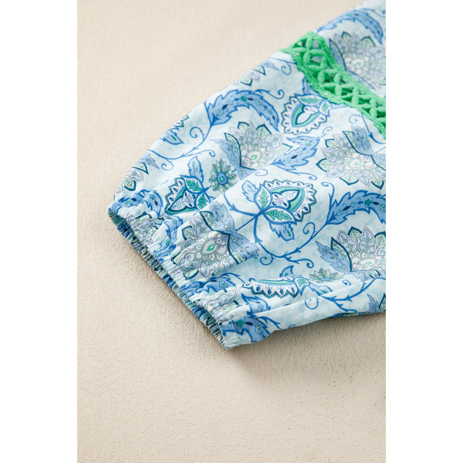Sky Blue Boho Paisley Print Contrasted Patchwork Detail Bracelet Sleeve Loose Mini Dress Dresses/Mini Dresses