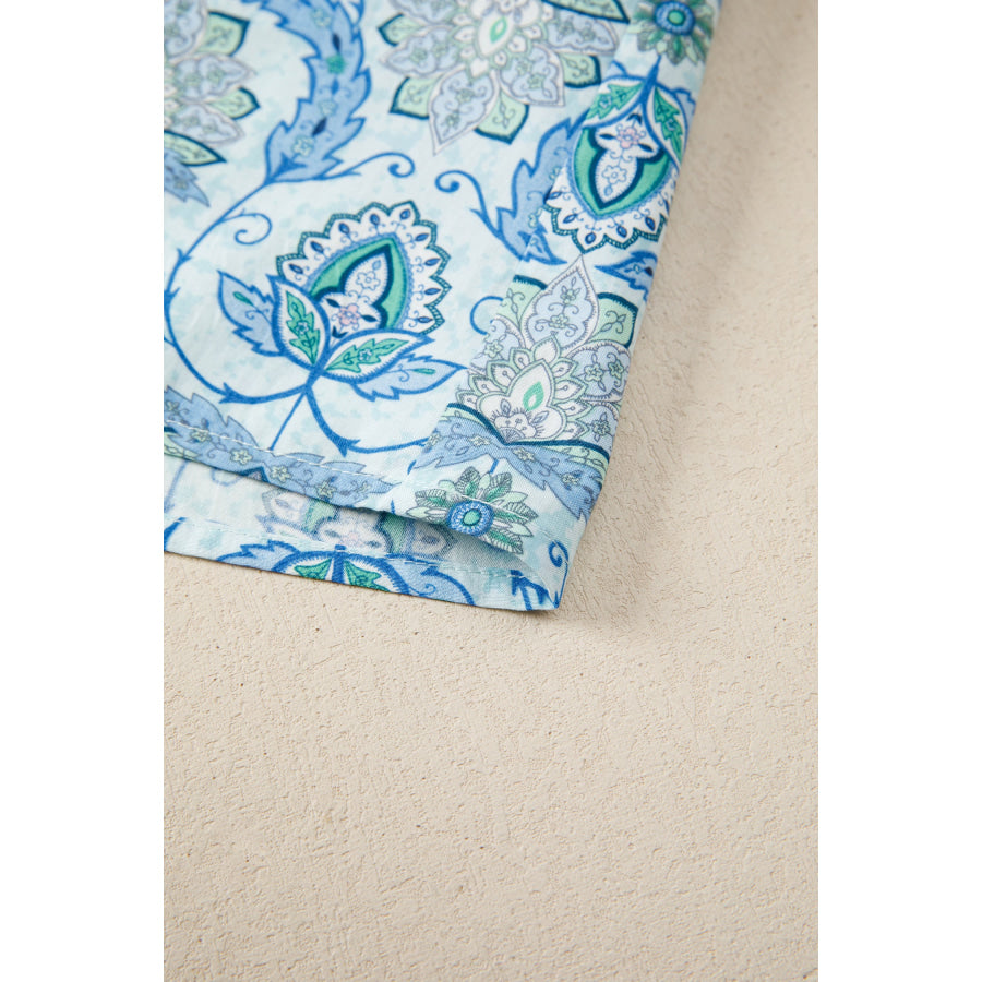 Sky Blue Boho Paisley Print Contrasted Patchwork Detail Bracelet Sleeve Loose Mini Dress Dresses/Mini Dresses