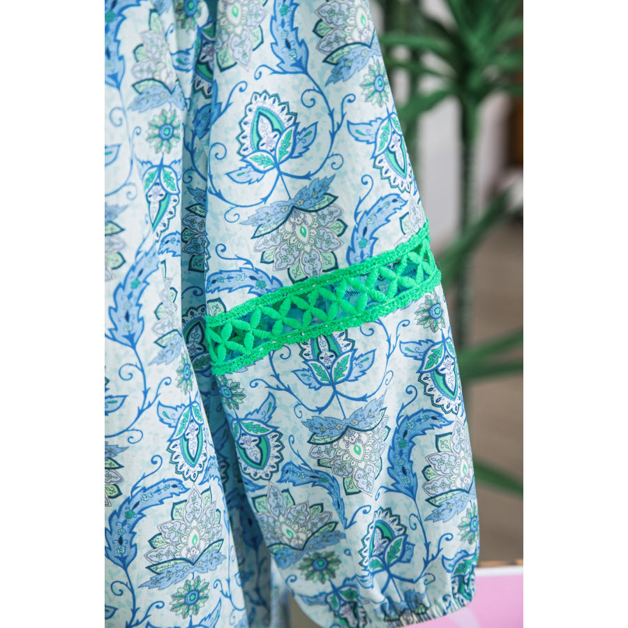 Sky Blue Boho Paisley Print Contrasted Patchwork Detail Bracelet Sleeve Loose Mini Dress Dresses/Mini Dresses