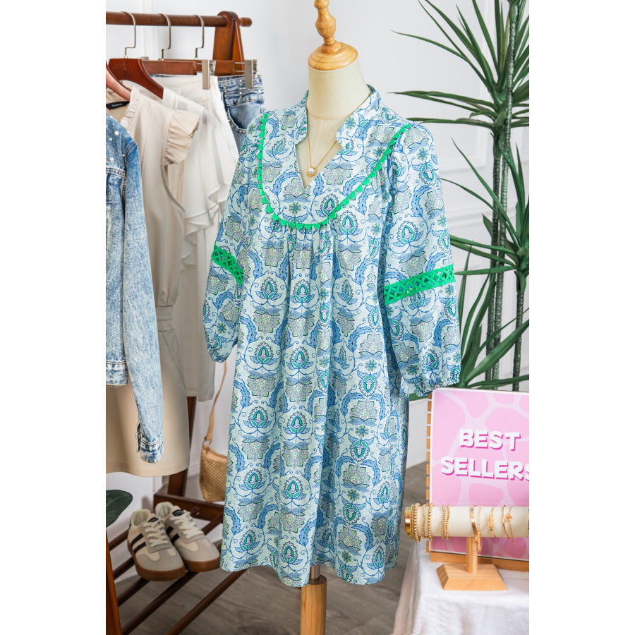 Sky Blue Boho Paisley Print Contrasted Patchwork Detail Bracelet Sleeve Loose Mini Dress Dresses/Mini Dresses