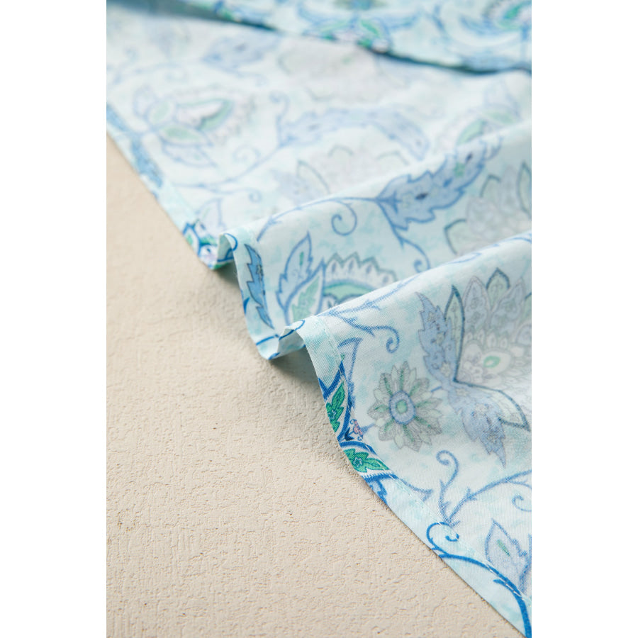 Sky Blue Boho Paisley Print Contrasted Patchwork Detail Bracelet Sleeve Loose Mini Dress Dresses/Mini Dresses