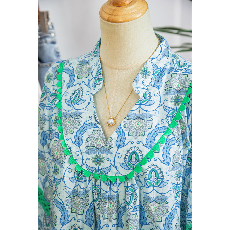 Sky Blue Boho Paisley Print Contrasted Patchwork Detail Bracelet Sleeve Loose Mini Dress Dresses/Mini Dresses