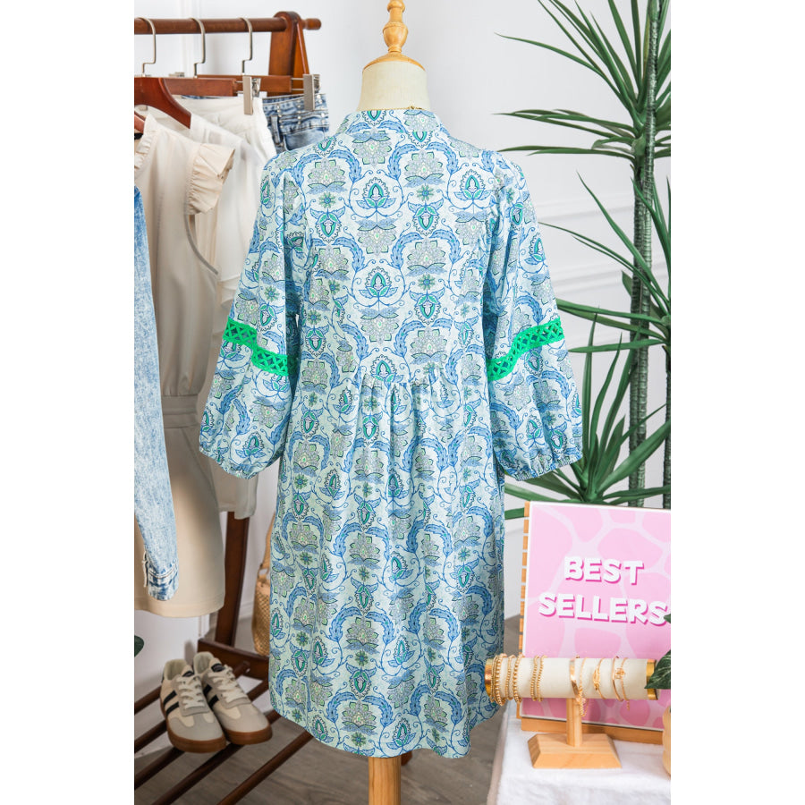 Sky Blue Boho Paisley Print Contrasted Patchwork Detail Bracelet Sleeve Loose Mini Dress Dresses/Mini Dresses