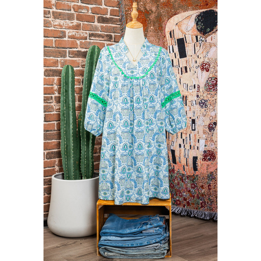 Sky Blue Boho Paisley Print Contrasted Patchwork Detail Bracelet Sleeve Loose Mini Dress / S / 55% Cotton + 45% Viscose Dresses/Mini Dresses