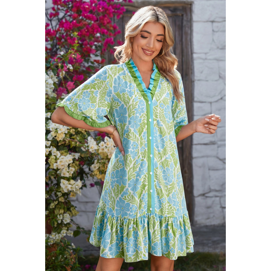 Sky Blue Botanical Floral Print Frilled Trim V Neck Button Front Loose Dress Dresses/Floral Dresses