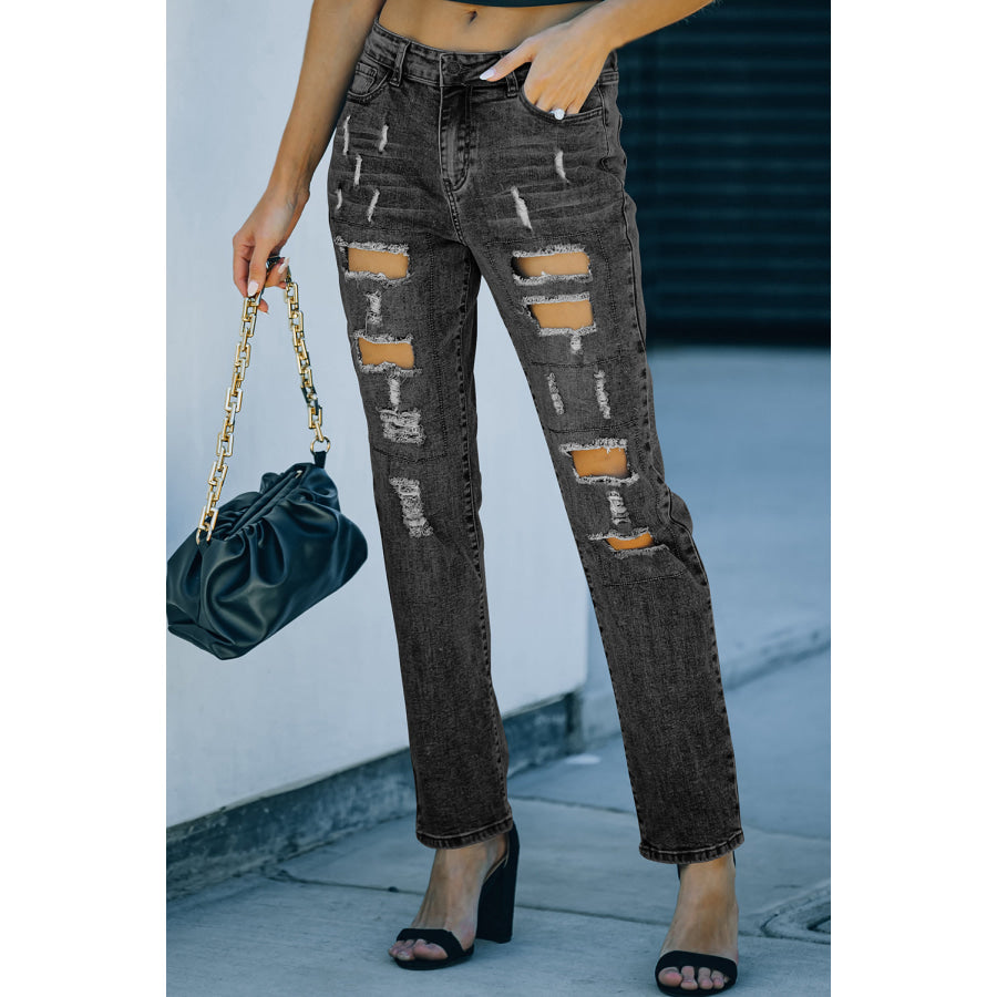 Sky Blue Buttoned Pockets Distressed Jeans Bottoms/Jeans