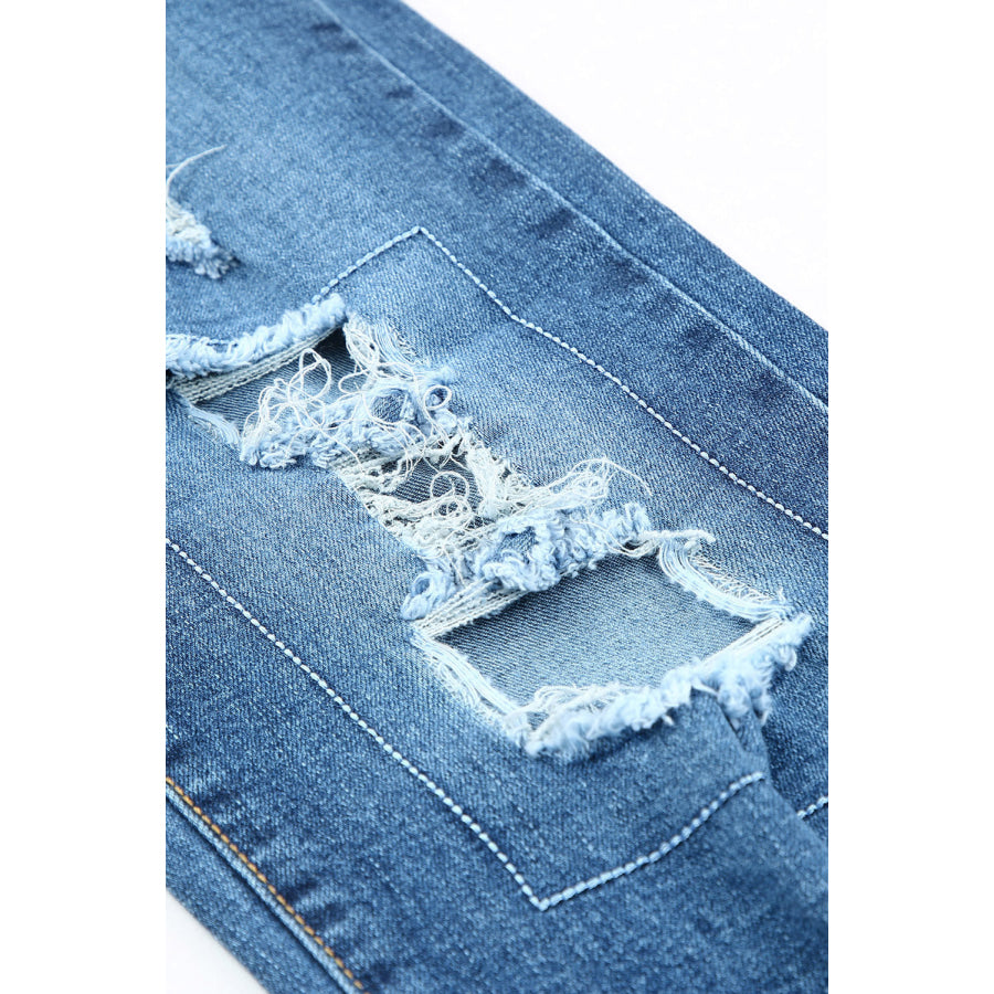 Sky Blue Buttoned Pockets Distressed Jeans Bottoms/Jeans