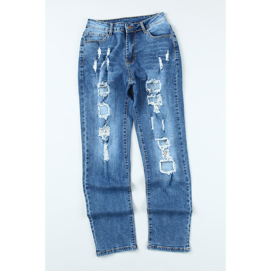Sky Blue Buttoned Pockets Distressed Jeans Bottoms/Jeans