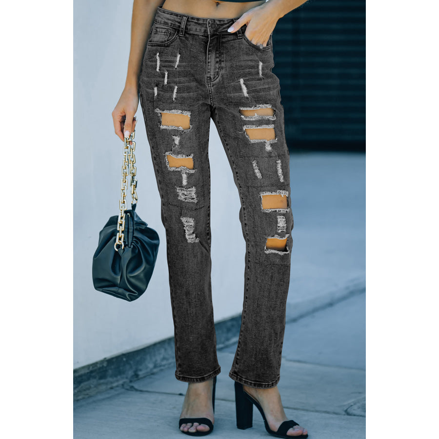 Sky Blue Buttoned Pockets Distressed Jeans Bottoms/Jeans