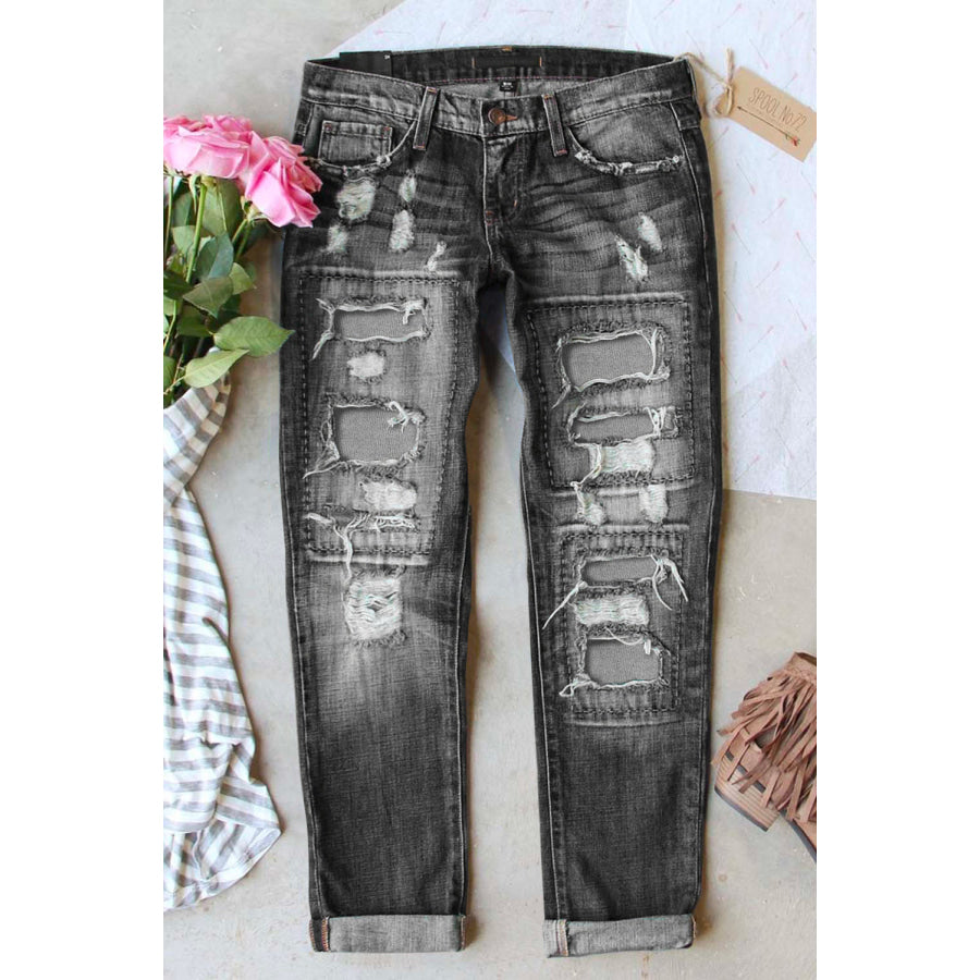 Sky Blue Buttoned Pockets Distressed Jeans Bottoms/Jeans