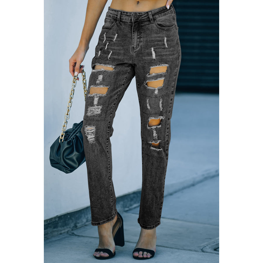 Sky Blue Buttoned Pockets Distressed Jeans Bottoms/Jeans