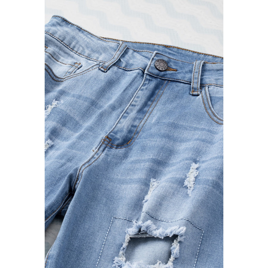 Sky Blue Buttoned Pockets Distressed Jeans Bottoms/Jeans