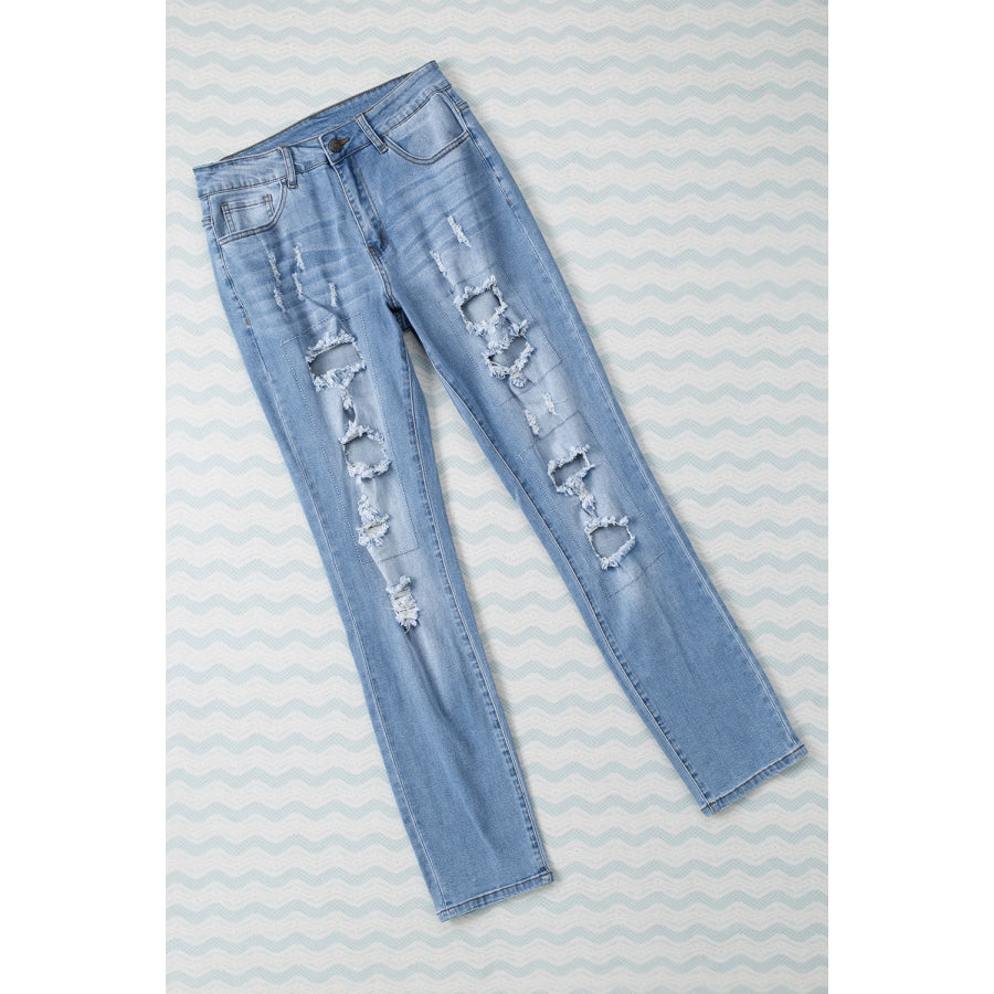 Sky Blue Buttoned Pockets Distressed Jeans Bottoms/Jeans