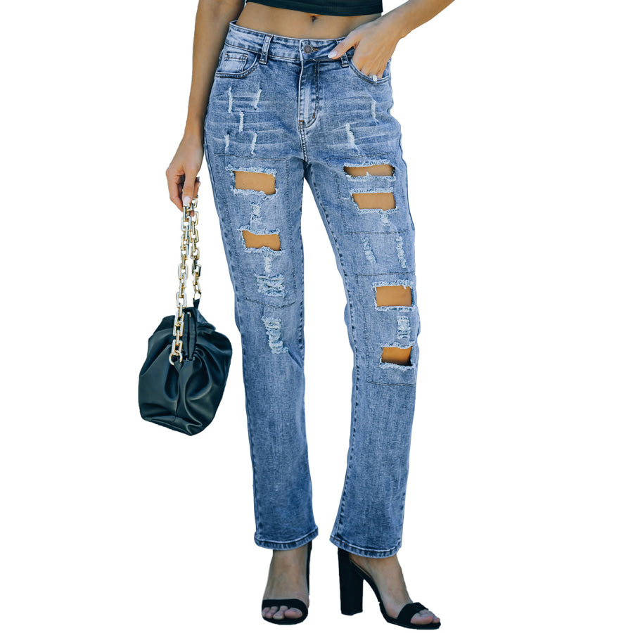 Sky Blue Buttoned Pockets Distressed Jeans Bottoms/Jeans