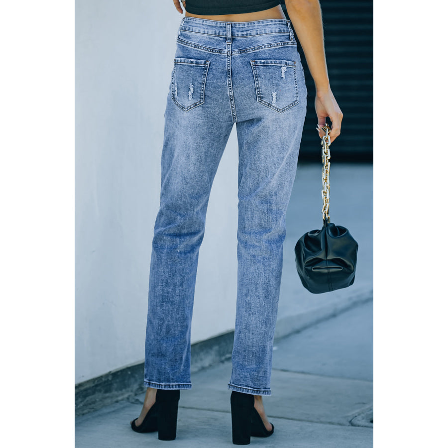 Sky Blue Buttoned Pockets Distressed Jeans Bottoms/Jeans