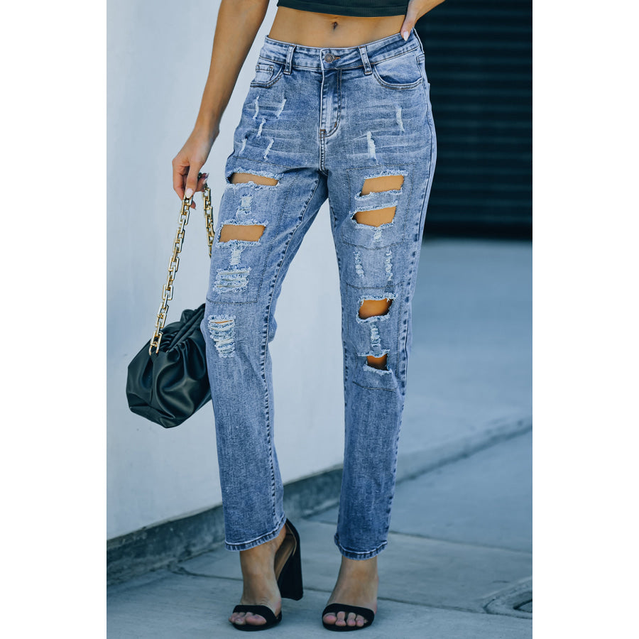 Sky Blue Buttoned Pockets Distressed Jeans Bottoms/Jeans