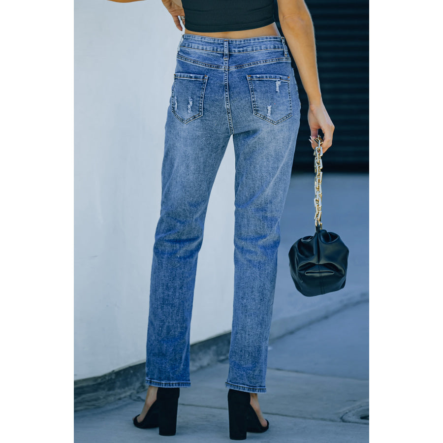 Sky Blue Buttoned Pockets Distressed Jeans Bottoms/Jeans