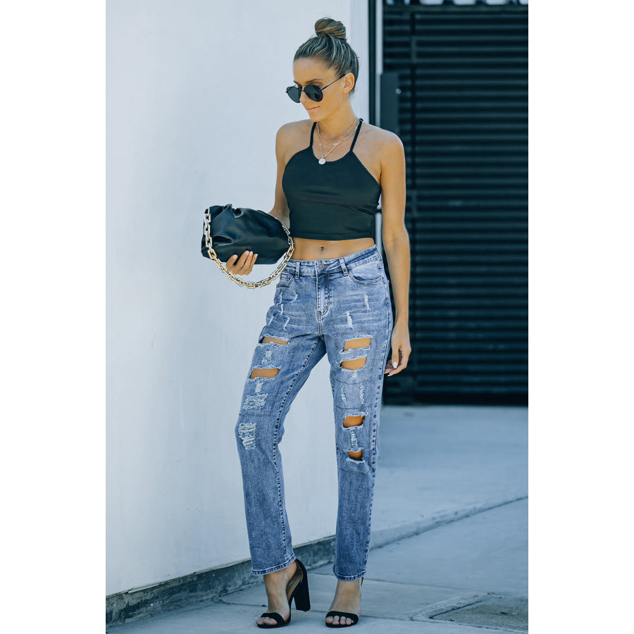 Sky Blue Buttoned Pockets Distressed Jeans Bottoms/Jeans