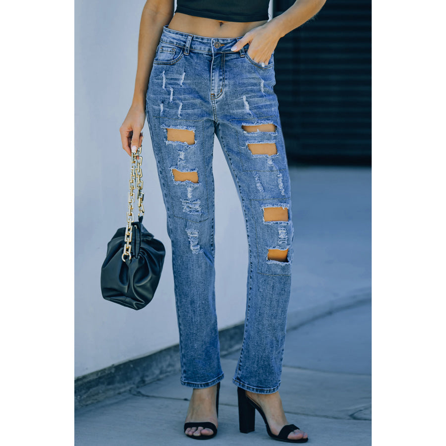 Sky Blue Buttoned Pockets Distressed Jeans Bottoms/Jeans