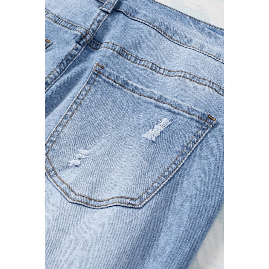 Sky Blue Buttoned Pockets Distressed Jeans Bottoms/Jeans