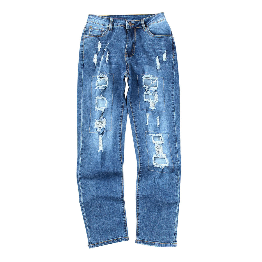 Sky Blue Buttoned Pockets Distressed Jeans Bottoms/Jeans