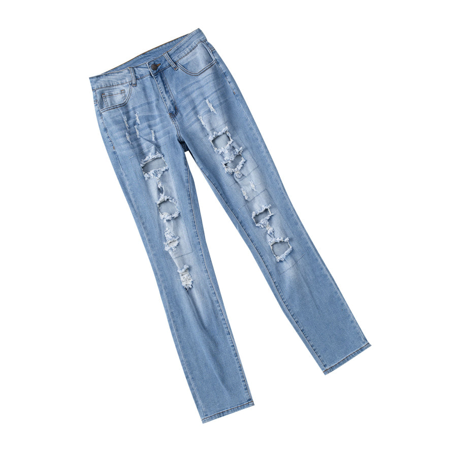 Sky Blue Buttoned Pockets Distressed Jeans Bottoms/Jeans