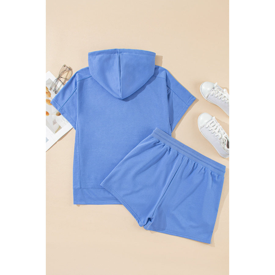 Sky Blue Casual Zipped Short Sleeve Hoodie and Shorts Set Two Piece Sets/Short Sets