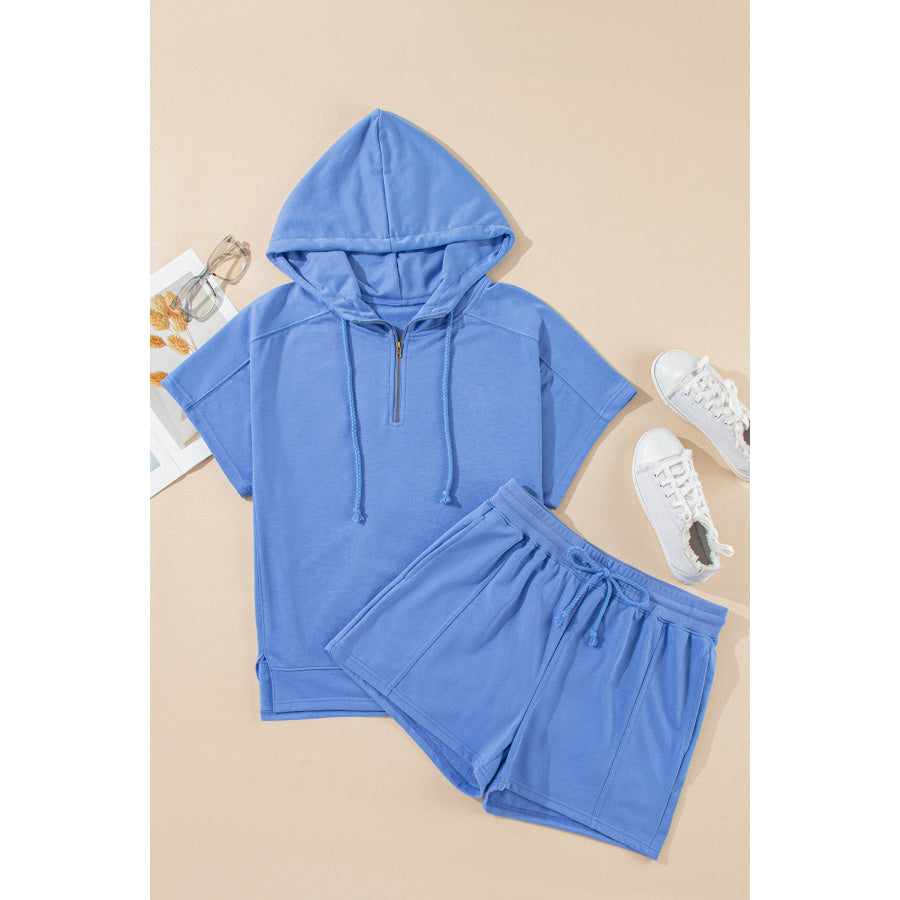 Sky Blue Casual Zipped Short Sleeve Hoodie and Shorts Set Two Piece Sets/Short Sets