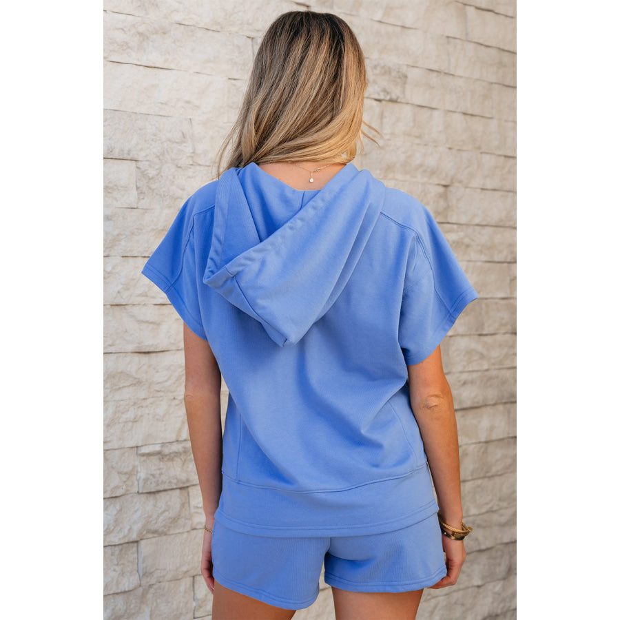 Sky Blue Casual Zipped Short Sleeve Hoodie and Shorts Set Two Piece Sets/Short Sets