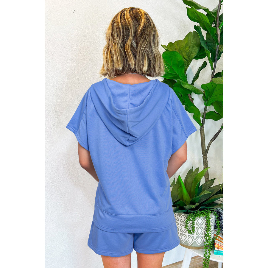 Sky Blue Casual Zipped Short Sleeve Hoodie and Shorts Set Sky Blue / S / 80% Polyester + 20% Cotton Two Piece Sets/Short Sets