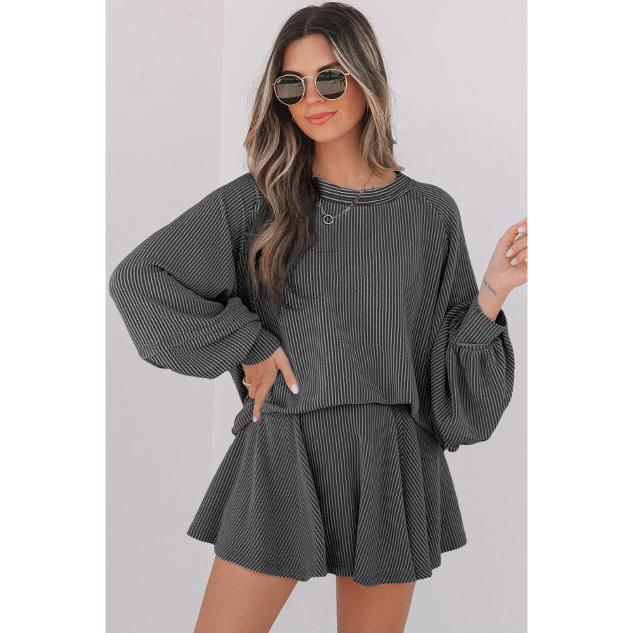 Sky Blue Corded Lantern Sleeve Top High Waist Ruffled Mini Skort Set Dark Grey / S / 75% Polyester + 20% Viscose + 5% Elastane Two Piece