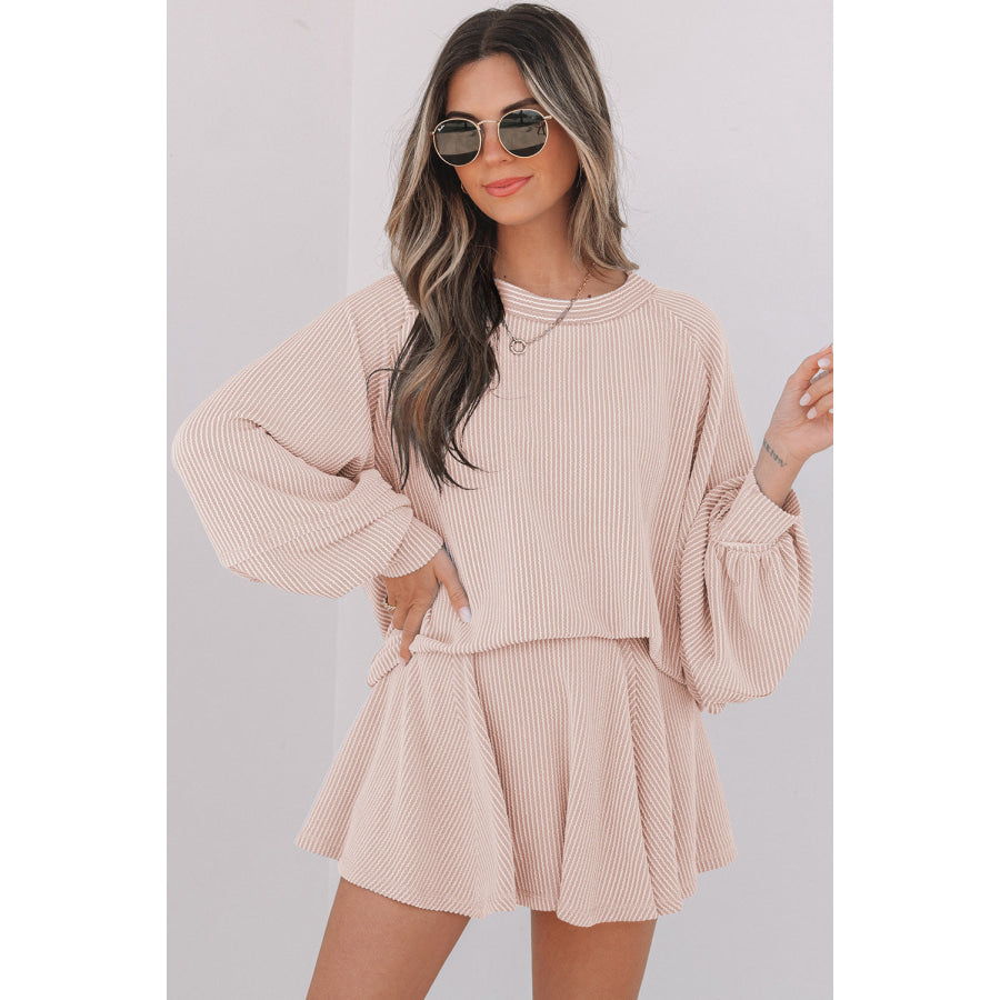 Sky Blue Corded Lantern Sleeve Top High Waist Ruffled Mini Skort Set Jet Stream / S / 75% Polyester + 20% Viscose + 5% Elastane Two Piece