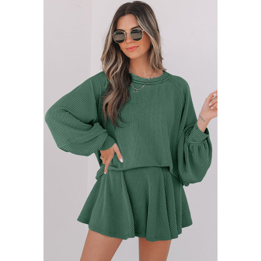Sky Blue Corded Lantern Sleeve Top High Waist Ruffled Mini Skort Set Mist Green / S / 75% Polyester + 20% Viscose + 5% Elastane Two Piece