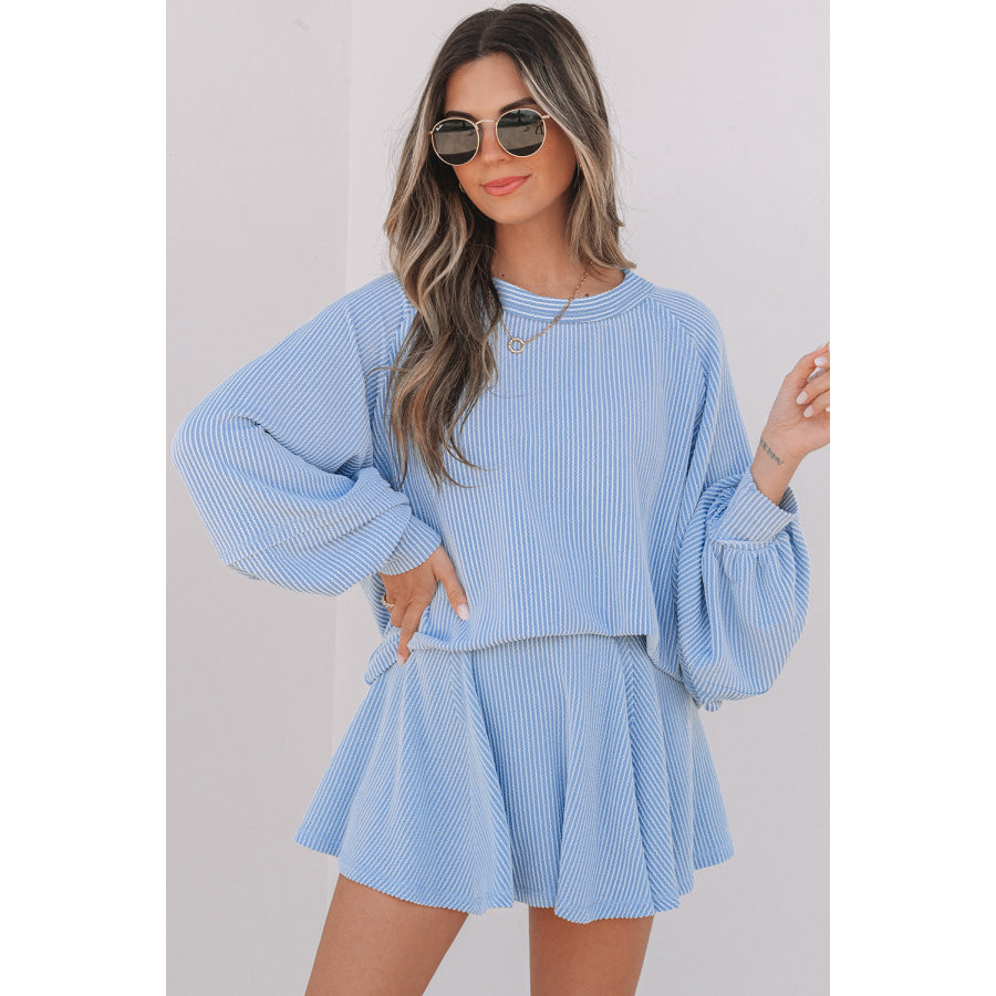 Sky Blue Corded Lantern Sleeve Top High Waist Ruffled Mini Skort Set Sky Blue / S / 75% Polyester + 20% Viscose + 5% Elastane Two Piece